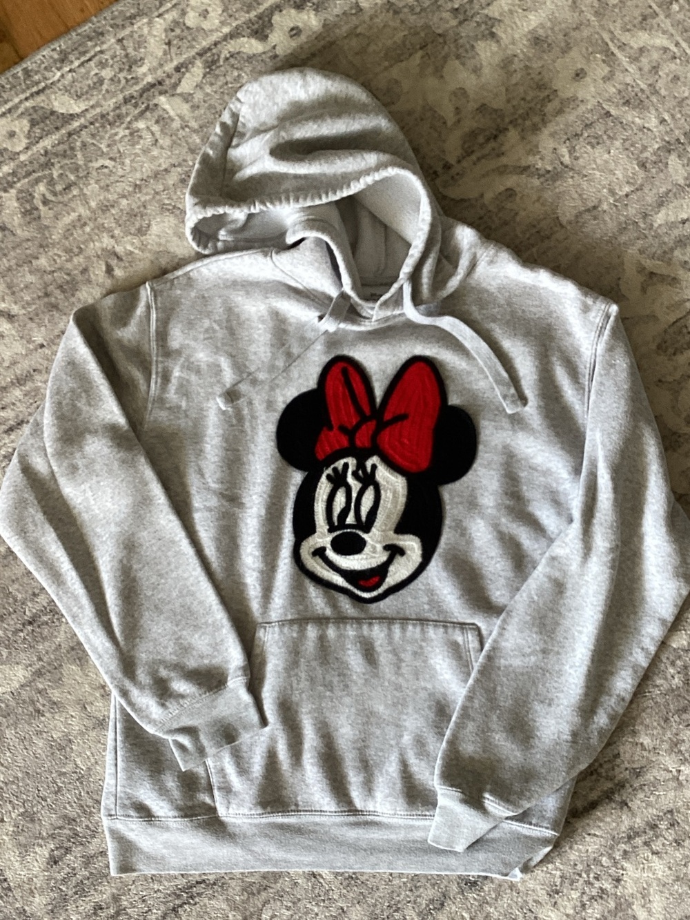 Disney Light Gray Hoodie with Minnie Mouse Patch and Red Bow
